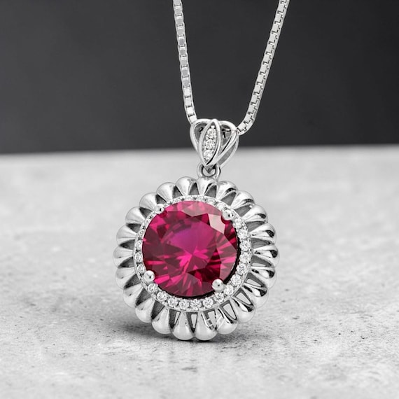 Ruby Necklace - Sterling Silver Large Sunflower Round Red Ruby Pendant - 14K White Gold Coated - Ruby Jewelry #965