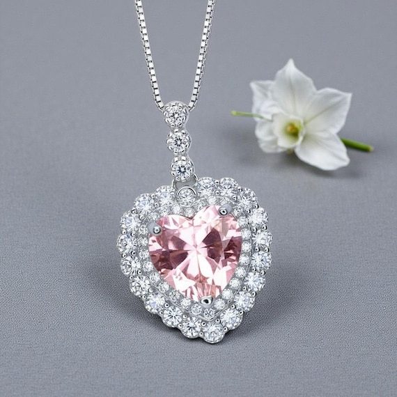 Pink Morganite Necklace - Pink Heart Pendant - 18KGP @ Sterling Silver - Double Halo Pink Morganite Jewelry #928