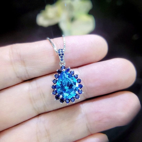 Large Blue Topaz Necklace - Blue Sapphire Halo - Blue Topaz Pendant -  Teardrop Blue Topaz Jewelry - 18kgp @ Sterling Silver - 4 CT #598