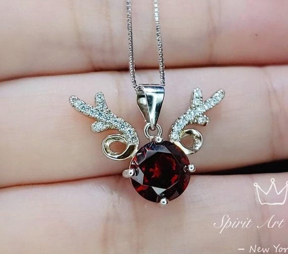 Deer Antler Garnet Necklace - Sterling Silver 8mm Round Cut 2 Ct Garnet Pendant -  January Birthstone #341