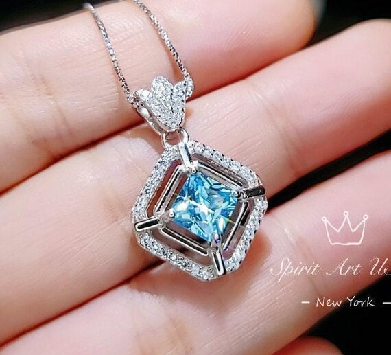 Gemstone Crown Square Aquamarine Necklace - 18kgp @ Sterling Silver - Halo 0.9 CT Blue Aquamarine Pendant -  March Birthstone #258