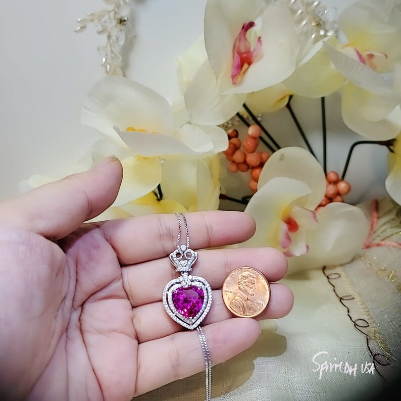 full 925 Sterling Silver Large Red Heart Royal Crown July Birthstone Ruby Pendant Fuchsia Red Ruby Heart Necklace