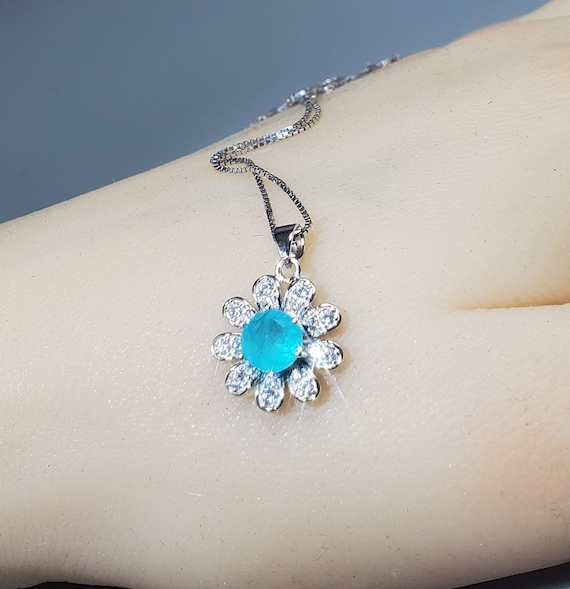 Blue Paraiba Necklace 925 Sterling Silver Sunflower pendant Blue Gemstone Jewelry Box Chain 18kgp 014
