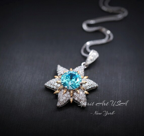 Gemstone Star Blue Aquamarine Necklace - 18KGP Sterling Silver -  6 Point Star Pendant - 2CT  Hexagram Blue Aquamarine Jewelry #880