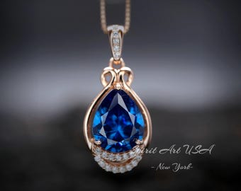 18K Rose Gold @ Sterling Silver -  Blue Sapphire Necklace - Teardrop 2.5 Ct Large Blue Sapphire Pendant - September Birthstone #453