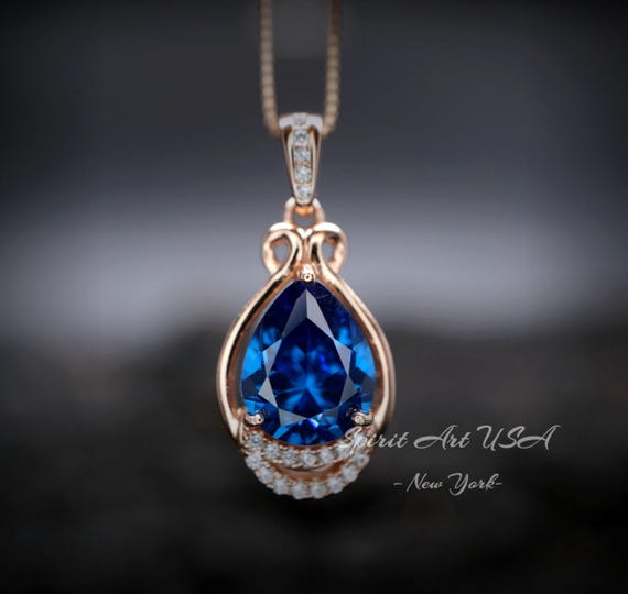 18K Rose Gold @ Sterling Silver -  Blue Sapphire Necklace - Teardrop 2.5 Ct Large Blue Sapphire Pendant - September Birthstone #453