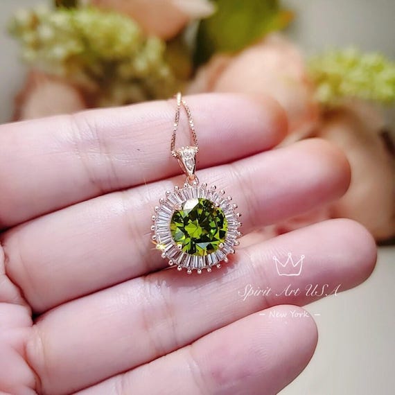 Rose Gold  Peridot Necklace  Sterling Silver Round Sunshine Large 4 CT Lab Green Peridot Pendant August Birthstone  Green Jewelry #489