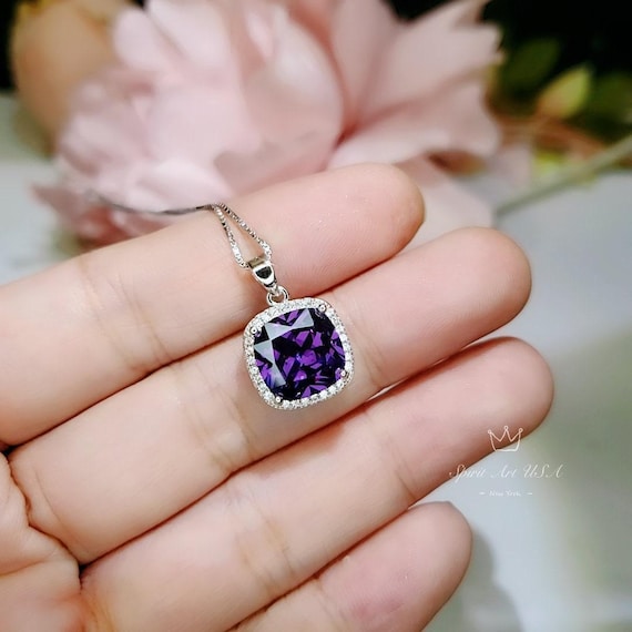 Large Square Amethyst Necklace - 18KGP @ Sterling Silver -  Lab Created Synthetic Amethyst Jewelry #347