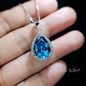 Teardrop Blue Topaz Necklace - Sterling Silver  Large Teardrop Cut Solitaire 8.5 CT Blue Topaz Jewelry #723