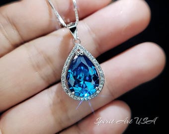 Teardrop Blue Topaz Necklace - Sterling Silver  Large Teardrop Cut Solitaire 8.5 CT Blue Topaz Jewelry #723