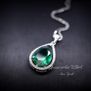 Large Green Emerald Necklace - 6.5 Ct Teardrop Emerald Pendant - White Gold coated Sterling Silver Pear Green Gemstone Jewelry #701