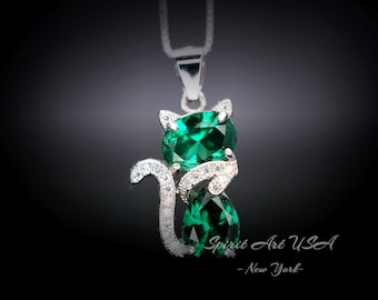 Cat Emerald necklace, Gemstone Kitty Cat Emerald Pendant, Sterling Silver Pet Cat lover gift Kitten Jewelry #217