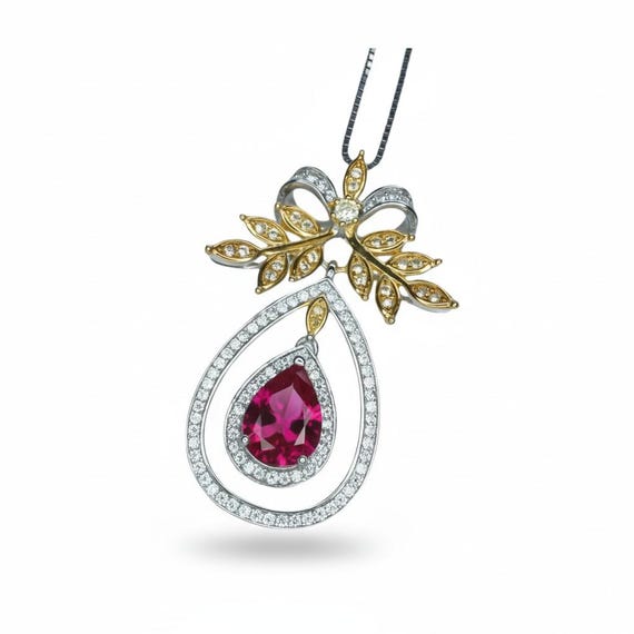 Teardrop Ruby Necklace - the Tree Of Life Pendant - 18KGP @ Sterling Silver -  olive branch - 2.5 Ct  Pear Cut Ruby Pendant #855
