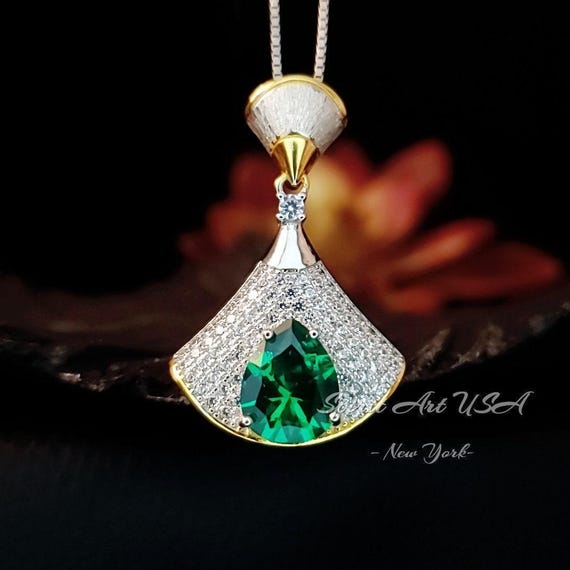 Brilliant Green Emerald Necklace - Full Sterling Silver - White Gold coated -  Gemstone Drop 3 CT Green Gemstone Jewelry #821