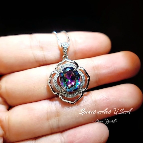 Large Mystic Topaz Necklace 4.5 ct -Sterling Silver White Gold  Flower Of Life Pendant #551