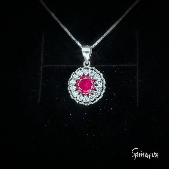 Tiny Ruby Flower Necklace Diamond Cherry Blossoms Sterling Silver White Gold Plated 0.85 CT July Birthstone 1049