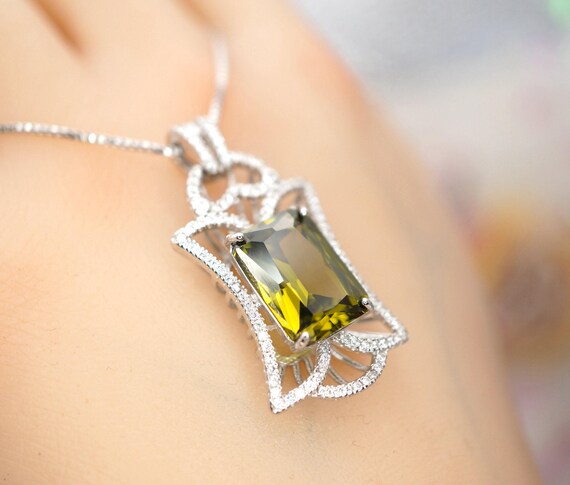 9 CT Large Peridot Necklace - Gemstone Royal Flower Pendant - 18kgp @ Sterling Sliver -  Rectangle  Radiant Peridot Jewelry #725