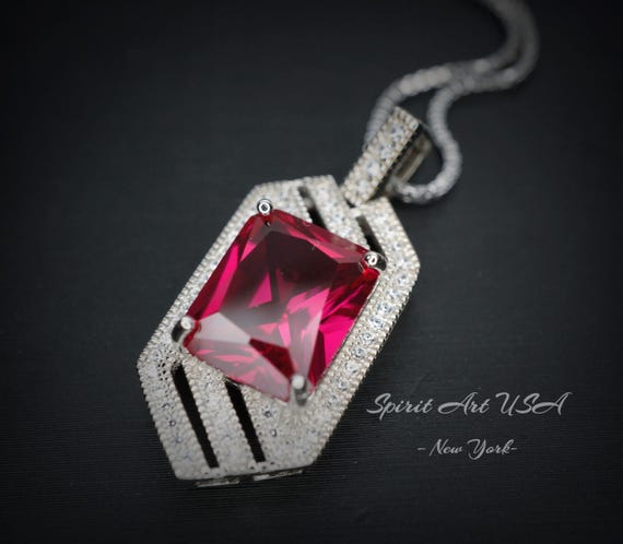 Large Geometric Ruby Necklace - Full Sterling Silver Gemstone Spacecraft Style - 4.5 Ct Rectangle Cut  Ruby Jewelry #757
