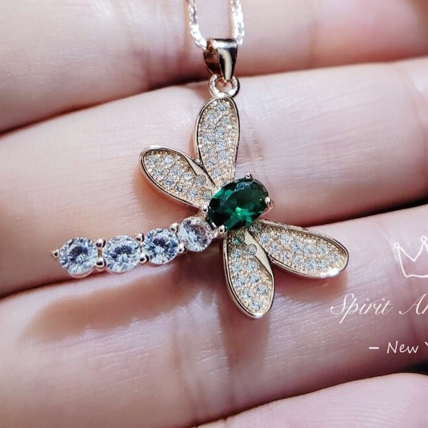 Dragonfly Necklace - Emerald Necklace - Rose Gold Coated 925 Sterling Silver #333