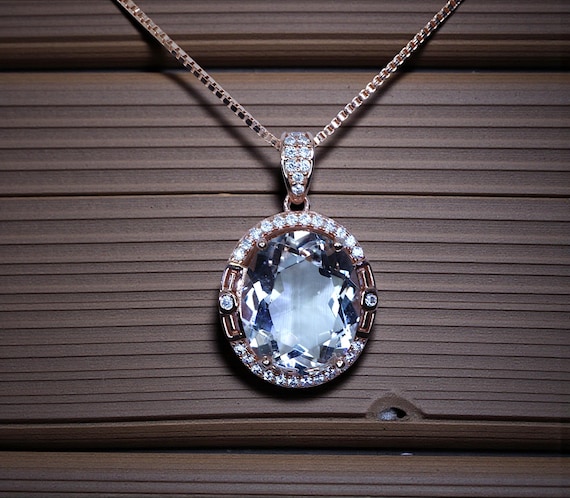 Clear Quartz Necklace, Crystal energy healing Jewelry, Rose Gold coated Sterling silver 5 ct Natural Clear quartz  Pendant #1132