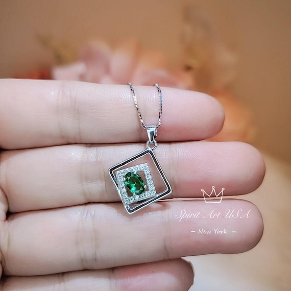 Emerald Necklace , Tiny Double Square Full Sterling Silver Geometric 18KGP - Minimalist Tiny Delicate Simple Emerald Pendant 091