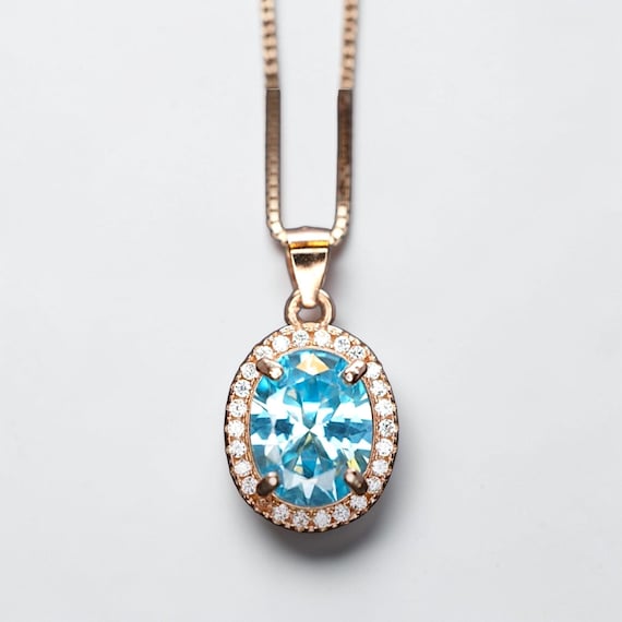 Aquamarine Necklace - Rose Gold Halo Blue Aquamarine Pendant - 18kgp @ Sterling Silver - March Birthstone #300