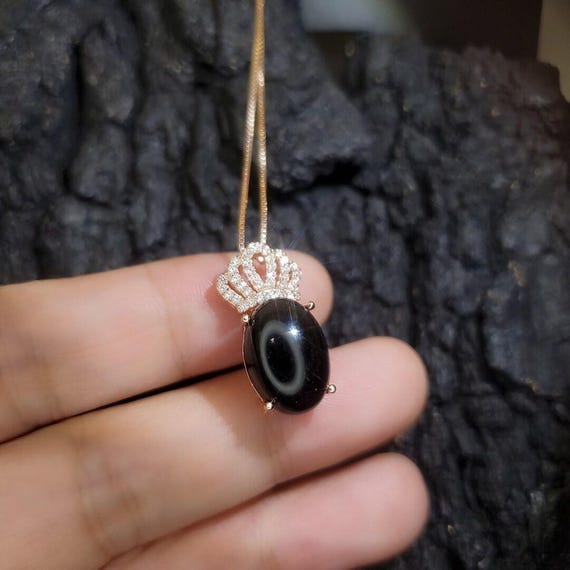 Black Onyx Necklace - Rose Gold Royal Crown Necklace -  High Energy Frequency Protective  Oval Natural Genuine Black Onyx Pendant #645