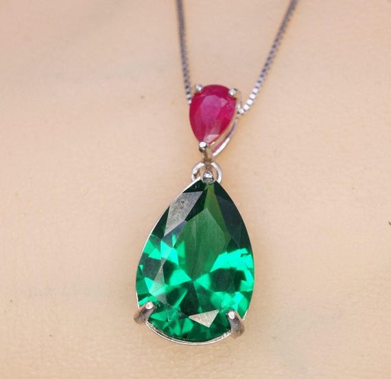 Double Teardrop Emerald Necklace Green Pear Cut Emerald Pendant 18kgp @ Sterling Silver -  Large Emerald Jewelry - May Birthstone #729