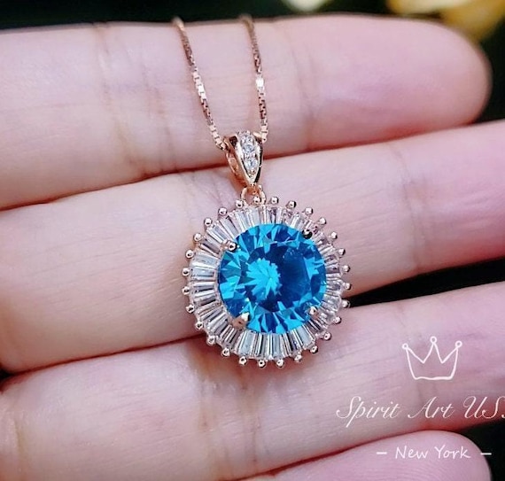 Rose Gold Blue Topaz Necklace - Sterling Silver Sunshine Large 4 CT  Round Blue Topaz Pendant - November Birthstone  Topaz Jewelry #529