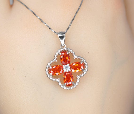 Red Orange Sunstone Necklace - Four leaf clover Tangerine Orange Sapphire Pendant -  Sterling Silver Spessartite Garnet Jewelry 046