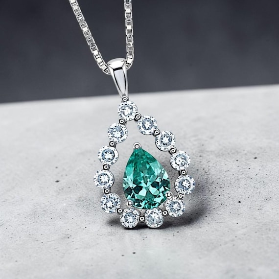 Green Paraiba Necklace - 18KGP @ Sterling Silver - 2.5 CT - Gemstone Halo Teardrop Green Paraiba Tourmaline Necklace #969
