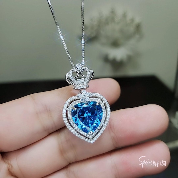 Large Blue Topaz Heart Necklace Full Sterling Silver Ocean Heart of the Ocean My Heart Will Go ON Topaz Pendant 1101