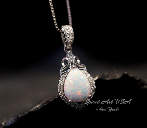 Tiny Opal Necklace - Teardrop Opal Pendant - 18kgp @ Sterling Silver - White Opal Pendant #119