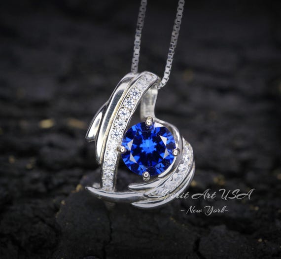 Protective Angel Wing Tanzanite Necklace Sterling Silver White Gold Coated  2CT Round Cut Blue Tanzanite Angel Wing Jewelry #871