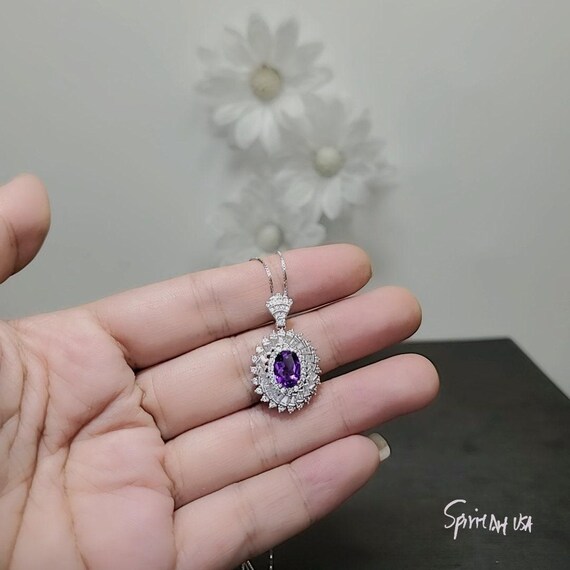 Natural Amethyst Necklace Double Halo  Amethyst Pendant  Genuine Purple Amethyst Jewelry- Chakra Healing 18KGP @ Sterling Silver #834