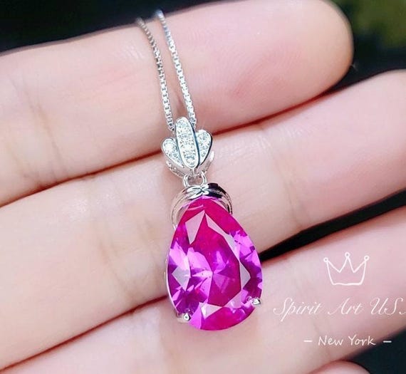 Royal  Flower Pink Sapphire Necklace - 5 Ct Large Fuchsia Sapphire Pendant - Sterling Silver  Pink Topaz Jewelry #787