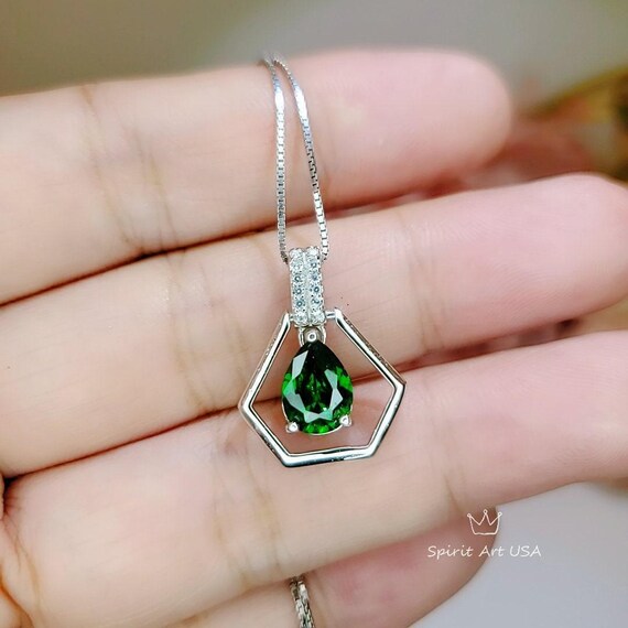 Geometric Green Emerald Necklace - Sterling Silver Triangle Gemstone Teardrop Emerald Pendant Tiny Minimalist Dynamic stone  Jewelry #108