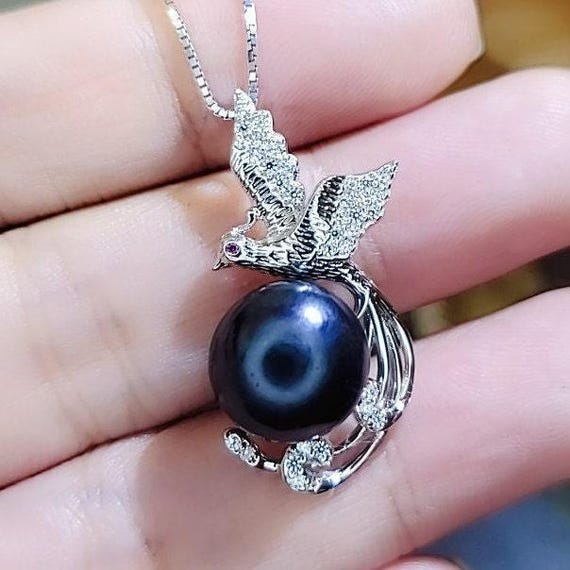 Black Pearl Necklace Sterling Silver Phoenix Pendant Black Pearl Jewelry 18k White gold coated  # 609