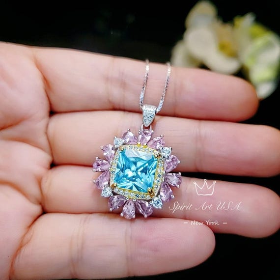Large Square Blue Aquamarine Necklace  Gemstone Halo 7 CT 10 MM  Blue Aquamarine Pendant 18KGP @ Sterling Silver #866