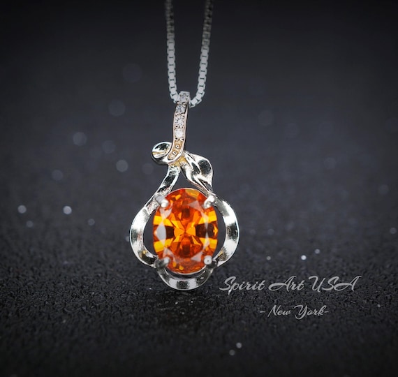 Sterling Silver Sunstone Necklace - 18kgp @ Sterling Silver -   1.8 CT Orange Tangerine Spessartite Garnet Pendant #154