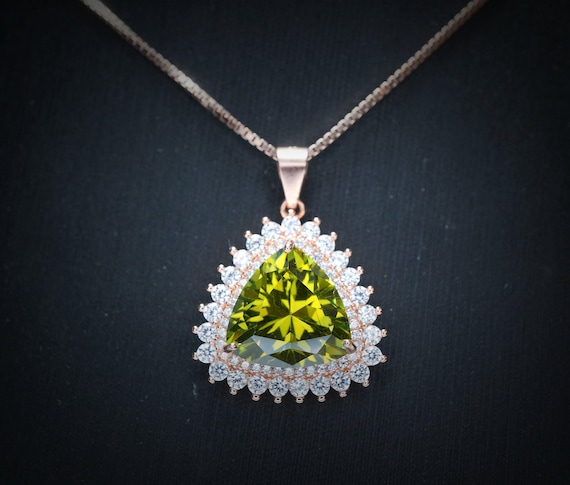 Large Triangle Green Peridot Necklace -  Rose Gold Coated Sterling Silver High Quality Trillion Cut 8 CT Peridot Pendant #727