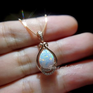 White Flash Opal Necklace - Rose Gold Sterling Silver Teardrop Opal Pendant -  High Quality Bridal Wedding Opal Jewelry #243