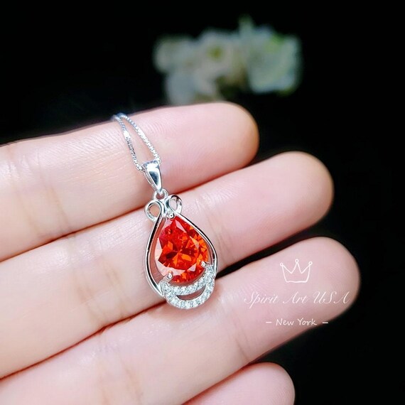 Teardrop Sunstone Necklace  - High Quality  Sterling Silver 2.5 CT Red Orange Spessartite Garnet Pendant #446