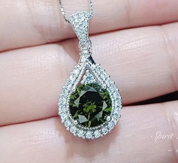 Round Peridot Necklace Sterling Silver 2 CT Sim Gemstone Green Pendant  August Birthstone Teardrop Style Solitaire Lab Created #156