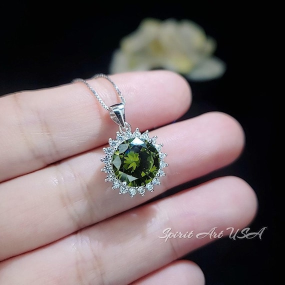 Large Round Peridot Necklace - Sterling Silver Halo 10 mm 4 CT  Princess Diana Style Peridot #143