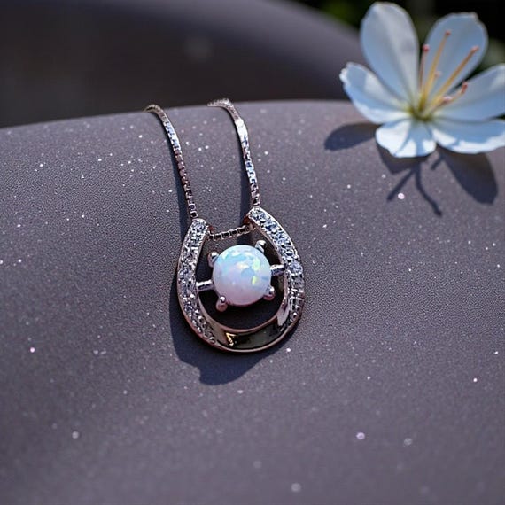 White Opal Horseshoe Necklace Sterling Silver Dainty Diamond Stone Opal Choker,  Minimalist White Gold coated Opal Jewelry 1114