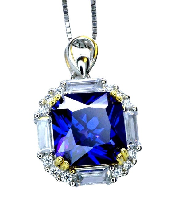 Solitaire Tanzanite Necklace - Deep Royal Blue Tanzanite Pendant - 18KGP @ Sterling Silver - December Birthstone -  Square Scissor Cut #413