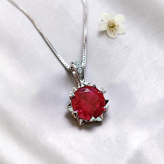 8mm Ruby Necklace - 18kgp @ Sterling Silver -  2.2 CT Red Ruby Pendant - Tiny Dainty July Birthstone 096