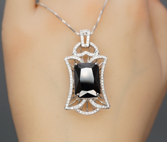 Large Black Cubic Zirconia Necklace - Sterling Silver Black Protective Gemstone Jewelry 18KGP Royal Flower Rectangle CZ   Pendant 1028