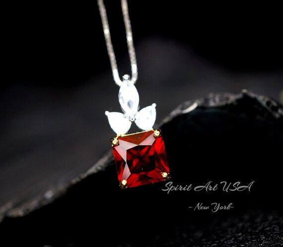 Pigeon Blood Ruby Necklace - Square Scisson Cut Red Ruby Pendant - 18KGP Sterling Silver Floral Design  Three petal flower  #412